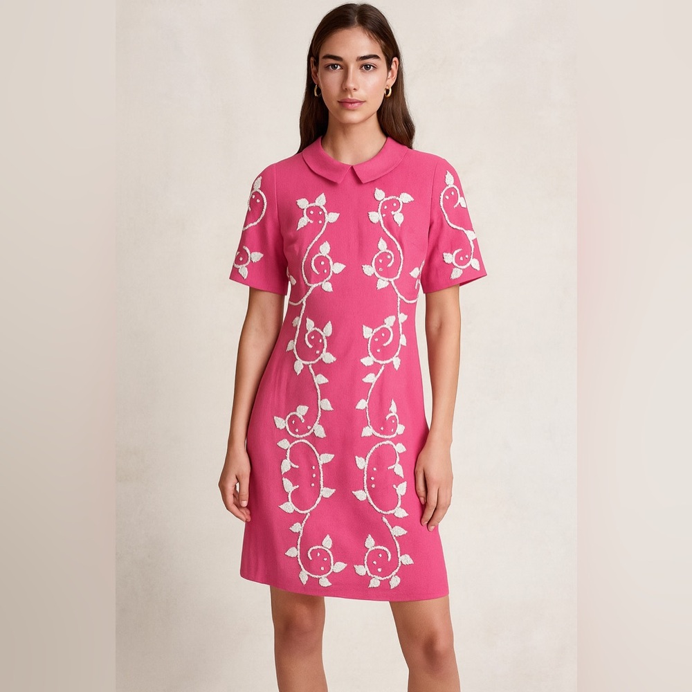 Women’s Vintage 50s Dress Hot Bright‎ Pink Beaded maximalist career preppy retro